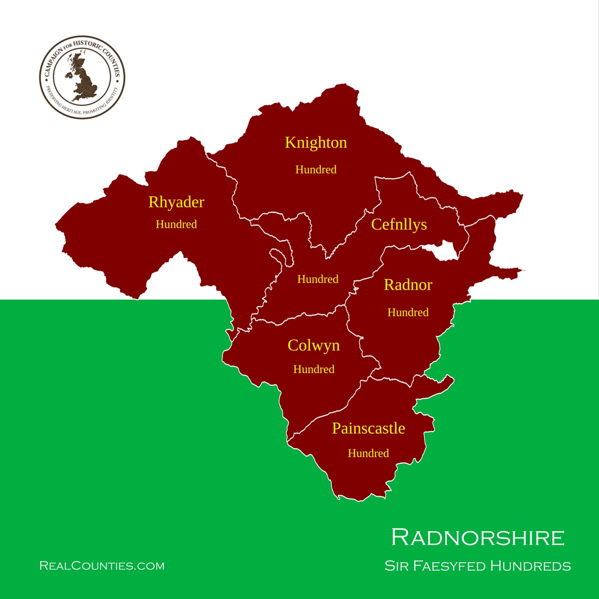 RealCounties's tweet image. There are six hundreds of Radnorshire (Sir Faesyfed):
🔹 Colwyn
🔸 Cefnllys (Kevenlleece or Cevnllŷs)
🔹 Knighton
🔸 Painscastle
🔹 Radnor
🔸 Rhayader