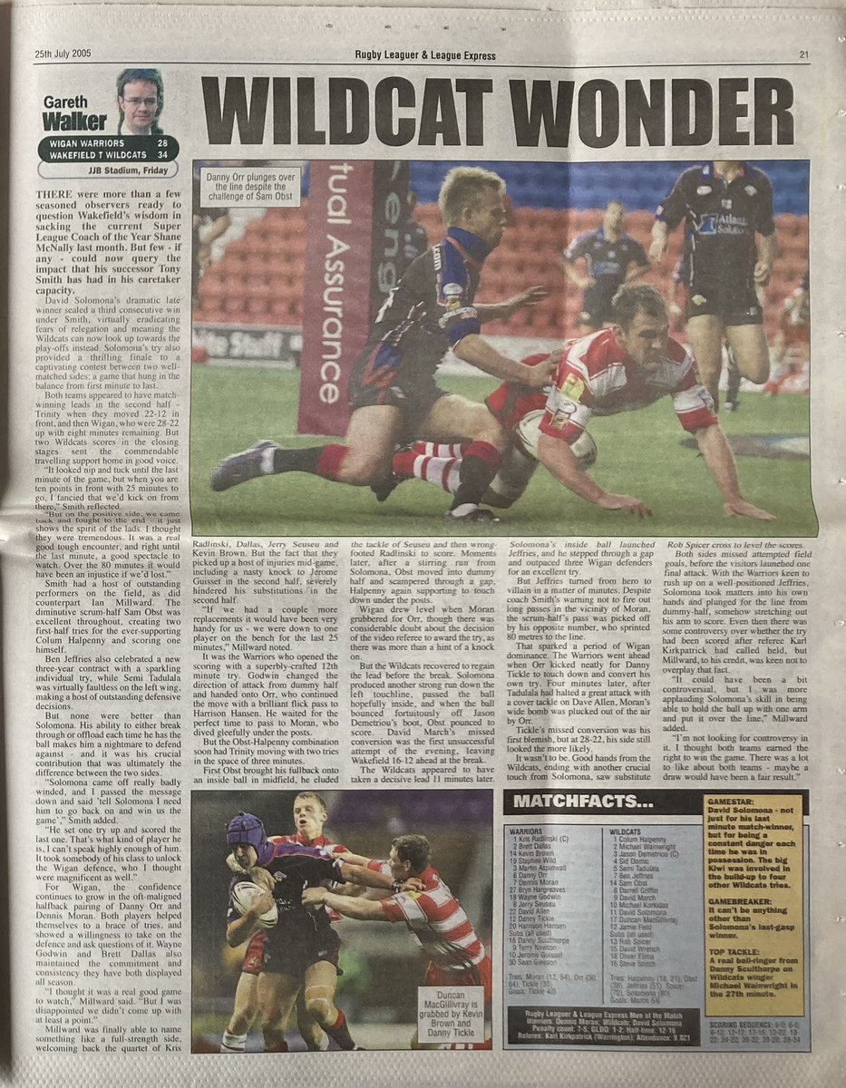TrinityHeritage's tweet image. 📌 On This Day in History:
🗓️ 22nd July 2005
🏉 Wigan 28 Wakefield Trinity 34
🏆 Super League
👨👨👧👧 9,021 at JJB Stadium
Neither side were in the play off positions 20 years ago but it was an enthralling game … Trinity leading 22-12, then Wigan 28-22 before a last minute David…