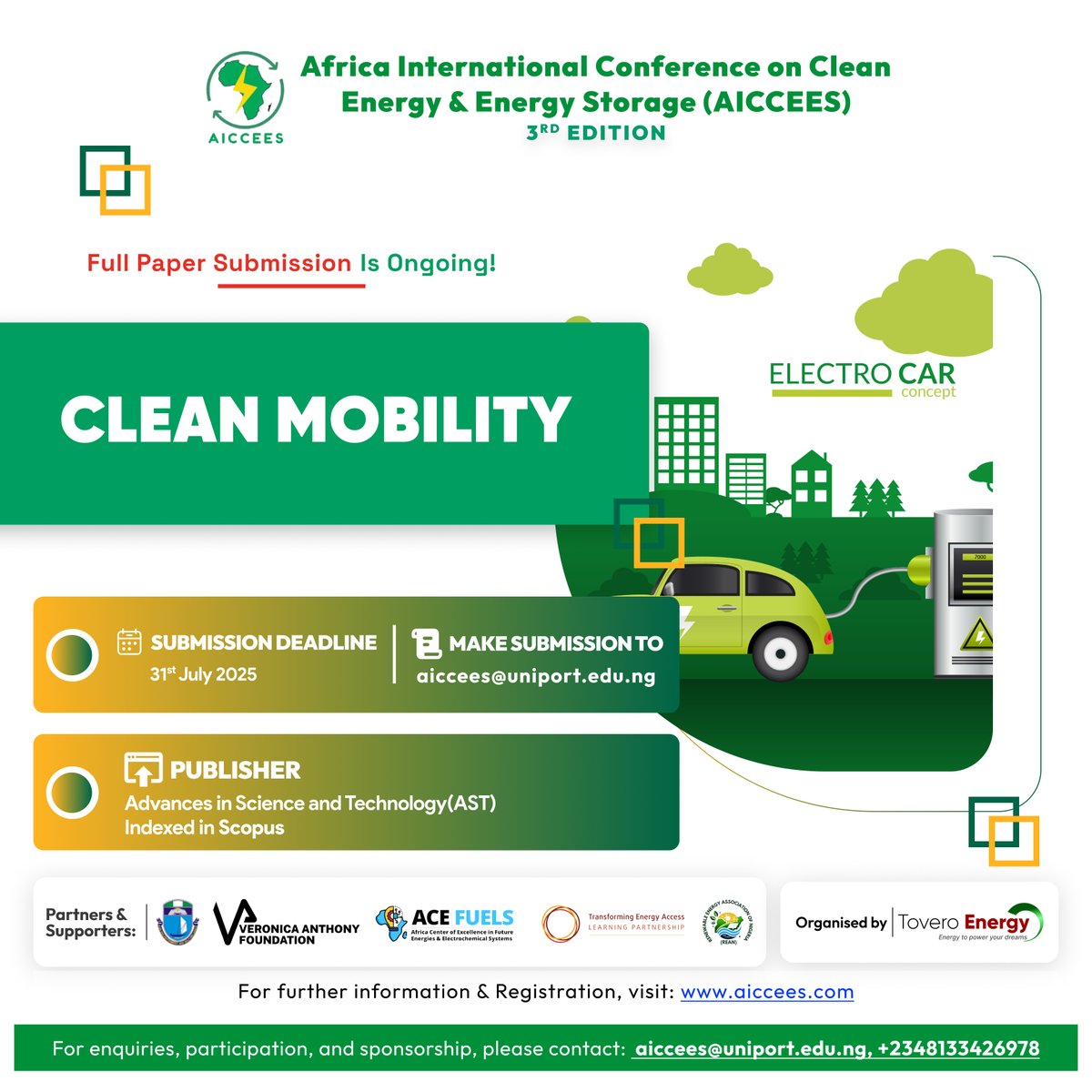 ToveroEnergy's tweet image. Are you a clean energy researcher or expert?
Submit your paper to AICCEES 2025 — the 3rd Africa Int’l Conference on Clean Energy & Energy Storage!
Submit here: aiccees@uniport.edu.ng
Visit aiccees.com for more
Apply for funding: bit.ly/25CFRP3
#AICCEES2025
