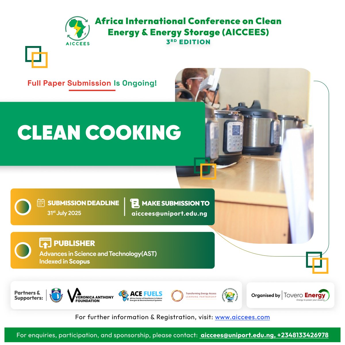 ToveroEnergy's tweet image. Are you a clean energy researcher or expert?
Submit your paper to AICCEES 2025 — the 3rd Africa Int’l Conference on Clean Energy & Energy Storage!
Submit here: aiccees@uniport.edu.ng
Visit aiccees.com for more
Apply for funding: bit.ly/25CFRP3
#AICCEES2025