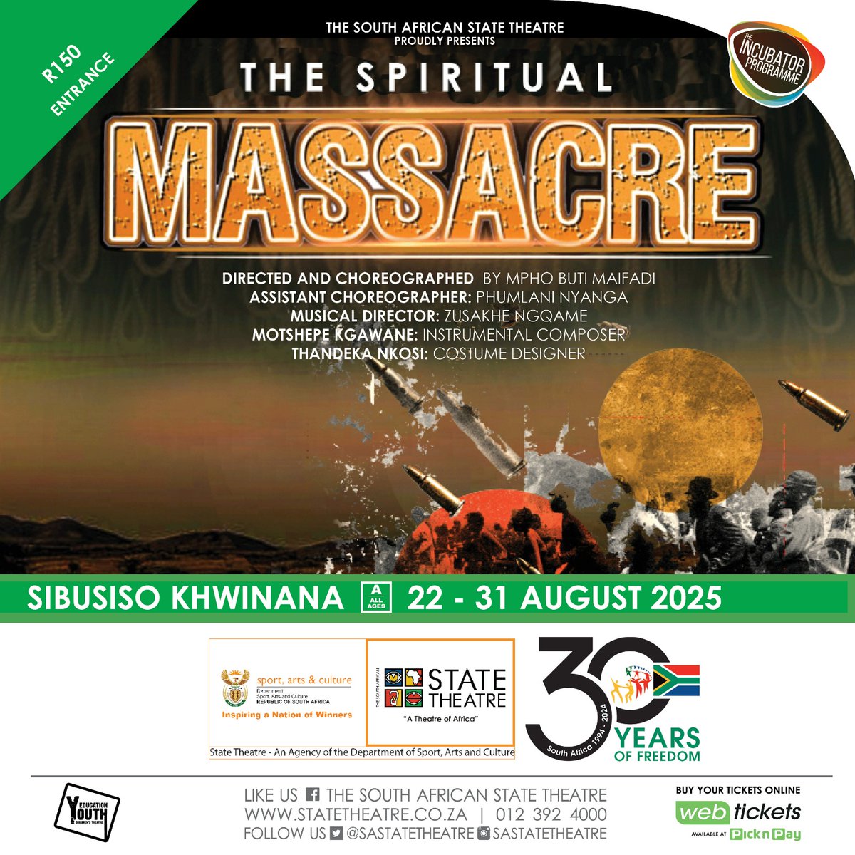 🔥 THE SPIRITUAL MASSACRE 🔥
Under SAST’s Incubator Programme, Mpho Buti Maifadi brings a raw and powerful dance experience that speaks to spirit, struggle &amp; survival.
📍 Sibusiso Khwinana | 📅 22–31 Aug🎟️ R150 via Webtickets
#TheSpiritualMassacre #SASTIncubator #StateTheatre