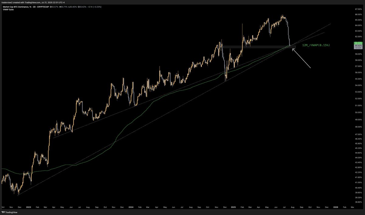 $BTC.D has reached a very important area

This zone is an apex of two multi year uptrends, previous support &amp; the yearly rVWAP

Something like this would make sense:

Break = Alts ballistic
Bounce = Alts get flushed