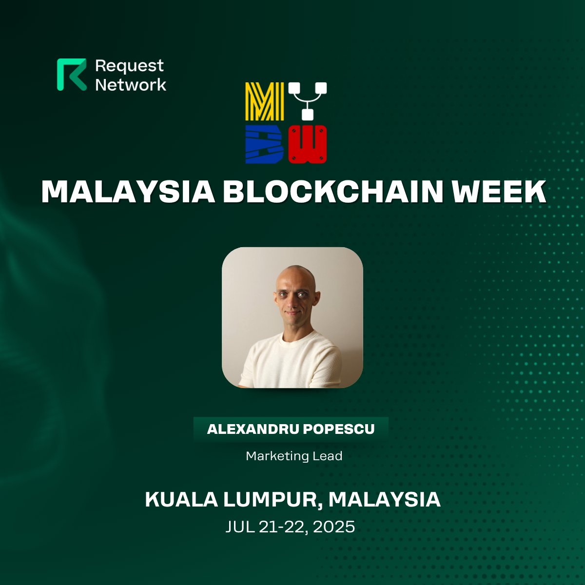 RequestNetwork's tweet image. If you’re exploring stablecoin payments or invoicing for your product and attending Malaysia Blockchain Week - @MalaysiaBCW in Kuala Lumpur, connect with @AlexP_ML at the event to learn how our API can help you launch faster.
