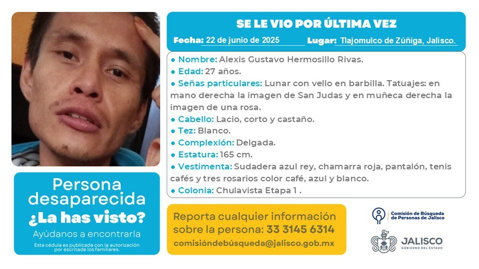 VMGlezR's tweet image. Desaparece de nuevo en #Tlajomulco, #Jalisco (Col. Chulavista).
Previamente se había reportado como desaparecido (en la misma colonia) el 5 de abril de 2024 y localizado el 29 de abril de 2024.