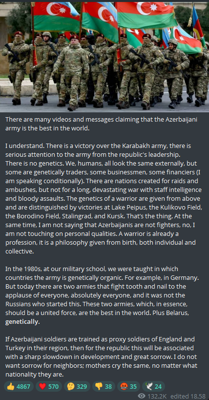 kvistp's tweet image. Russian Z-blogger Alexander Sladkov about Azerbaijan. - Their country is literally falling apart due to war, they're dying en mass in unarmored Scooby Doo Loafs and bike jihadist assaults in Ukraine for a bombed-out field, and still, all they think about is more war(-genetics).