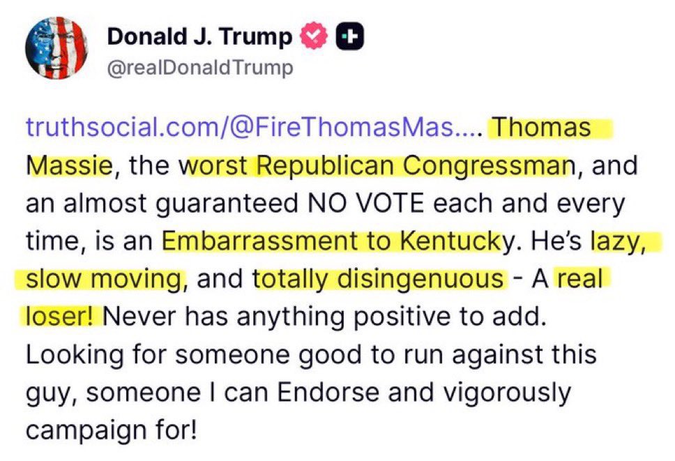 amitylee13's tweet image. DJT has lost his mind. He has lost so much support over his “feud” with @RepThomasMassie.