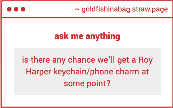 goldfishinabag_'s tweet image. 1. most likely not... i don't know much about roy and while he's cute i can't see myself making him since i don't him well )-:
2. maybe!! but i only care for a handful of rogues and i find myself flipflopping designs for them a lot. my favourite is scarecrow LOL