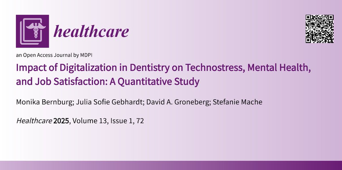 HealthcareMDPI_'s tweet image. 🥳Recommended paper~
Impact of Digitalization in Dentistry on Technostress, Mental Health, and Job Satisfaction: A Quantitative Study
📝by Monika Bernburg et al. @UKEHamburg
🎈mdpi.com/3118720 #mdpihealthcare via @HealthcareMDPI_