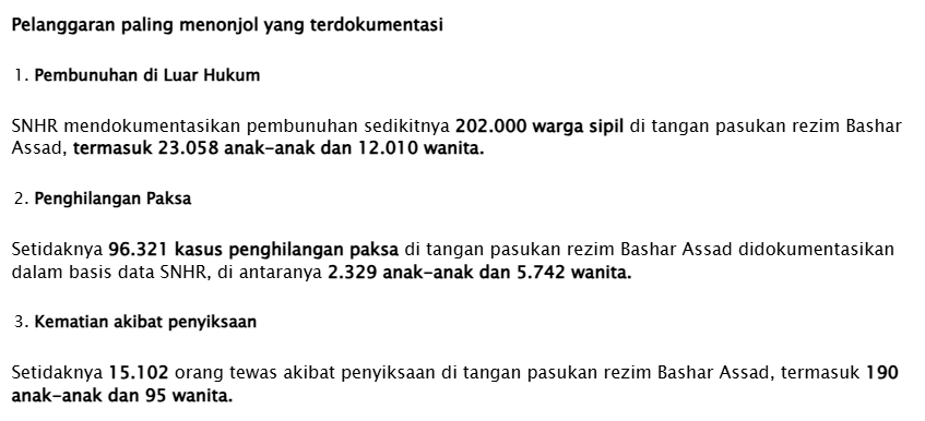 Just_Ab1's tweet image. Hari-hari ini, FRAMING kaum #Syiah cukup kencang utk mendegradasikan pemimpin baru yg berkuasa di #Suriah.

Seolah2 pemimpin #Suriah sebelumnya (Basyar Assad) yg #Syiah, memimpin negara tsb dg baik.

Padahal, list kejahatan dari Basyar Assad SANGAT BANYAK!
snhr.org/blog/2024/12/2…