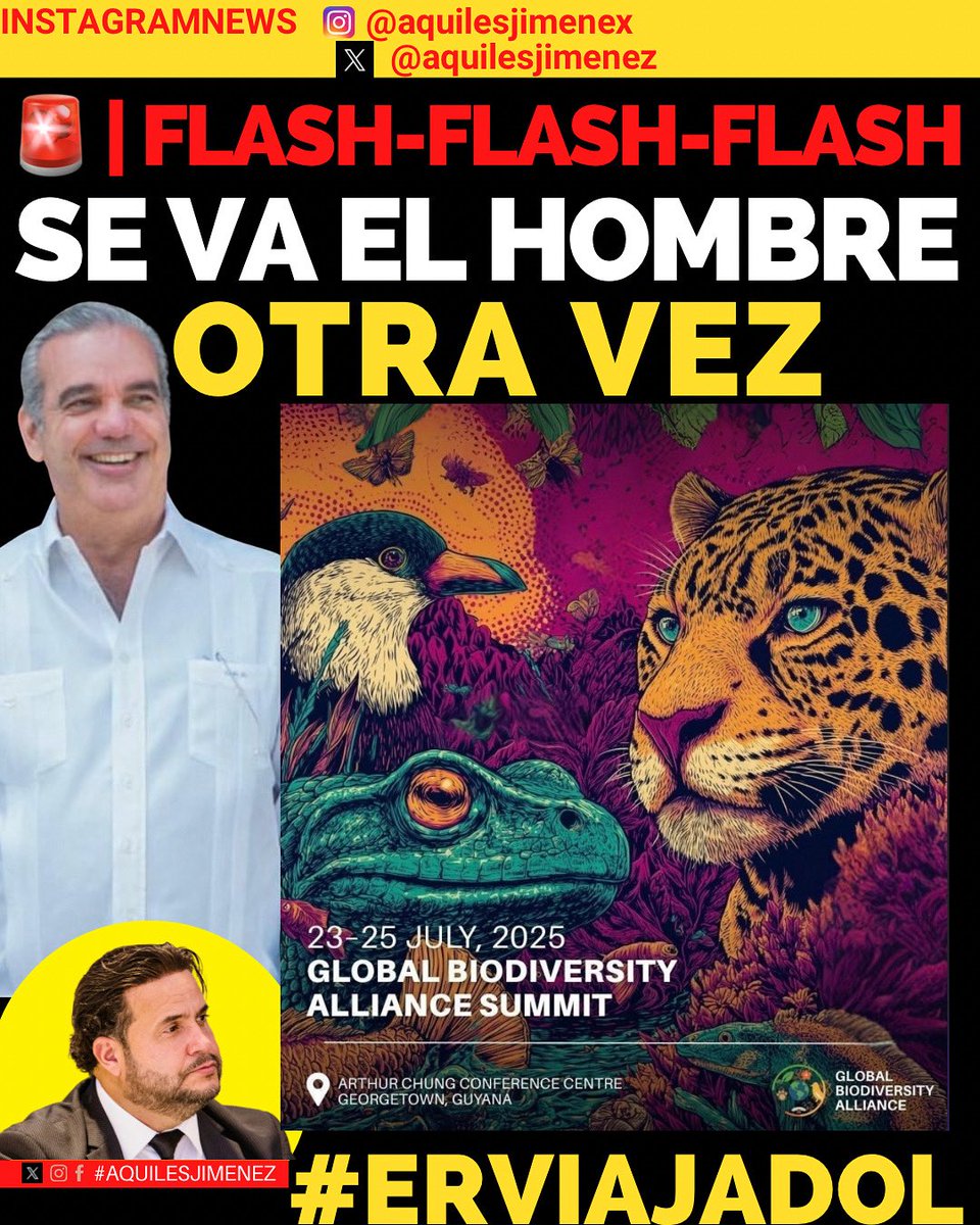 Aquiles Jimenez (@aquilesjimenez) on Twitter photo Otra vez se va de viaje <a href="/luisabinader/">Luis Abinader</a> Luis Abinader… esta vez al Global Biodiversity Alliance Summit en Guyana.
Muy bonito hablar de biodiversidad mientras aquí se venden áreas protegidas, se rellenan humedales y se autoriza minería en parques nacionales.
¿Quién paga el Otra vez se va de viaje <a href="/luisabinader/">Luis Abinader</a> Luis Abinader… esta vez al Global Biodiversity Alliance Summit en Guyana.
Muy bonito hablar de biodiversidad mientras aquí se venden áreas protegidas, se rellenan humedales y se autoriza minería en parques nacionales.
¿Quién paga el