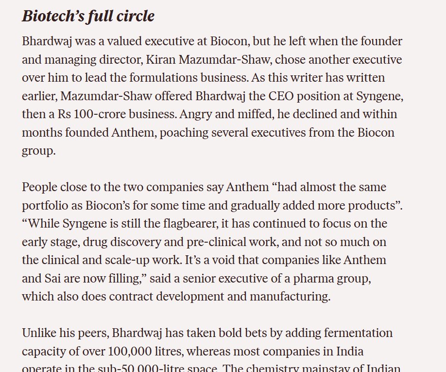 Ajay Bhardwaj left Biocon when he wasn't given the formulations business CEO position; he was offered the CEO position at Syngene, then a Rs 100 Cr Business (Src - The Ken)

Today, Syngene is worth 27000 Cr and Anthem Biosciences is worth Rs 41000 Cr - What a story!

no reco
