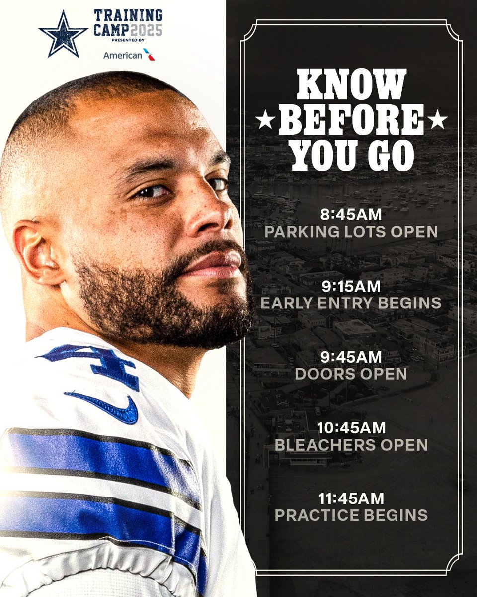 dallascowboys's tweet image. Day 1️⃣
All of the info on tomorrow’s first practice of camp!
🔗: dallascowboys.com/trainingcamp
#CowboysCamp | @AmericanAir