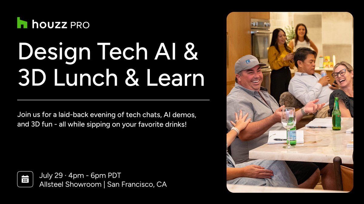 Designers &amp; remodelers! Join us July 29 for AI and 3D Tech Happy Hour in SF 🍸

You’ll learn:
• What the different types of AI technologies do
• What AI can do for your business
• And more!

📍 Allsteel Showroom | 4–6pm PDT 
bit.ly/3IRosCF 

#HouzzPro #DesignTech