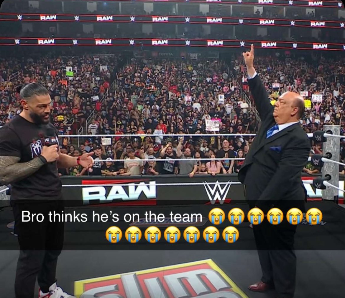 PublicEnemiesHQ's tweet image. Paul Heyman thinks he’s still on the team 😭 #WWERAW