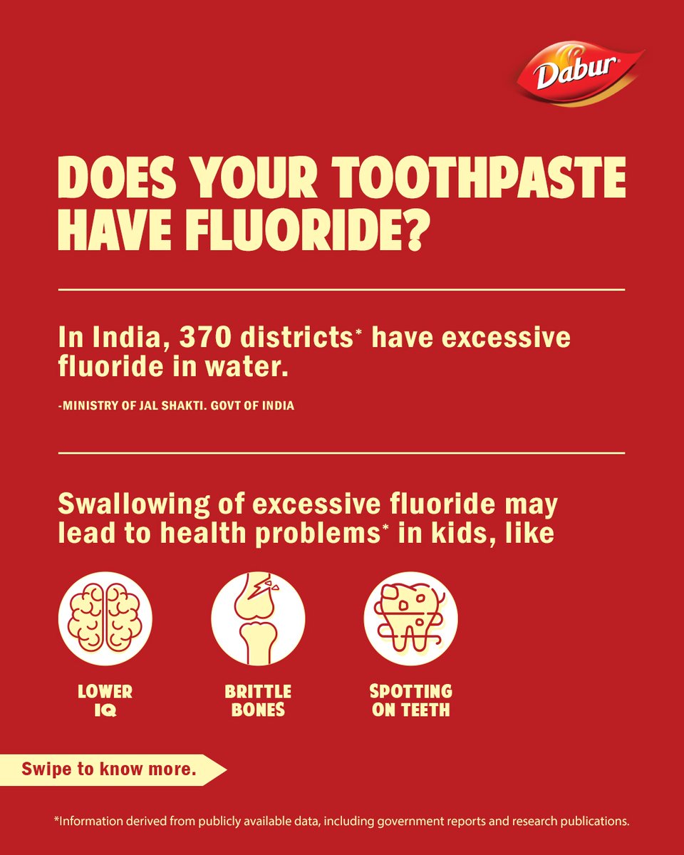 DaburRedPaste's tweet photo. According to a report by the Ministry of Jal Shakti, 370 districts in India across 23 states have excessive fluoride in water. Swallowing it may lead to health problems in children. 
Rethink what goes into your daily routine. #SwitchToFluorideFree. https://t.co/s7DT1vPKCb