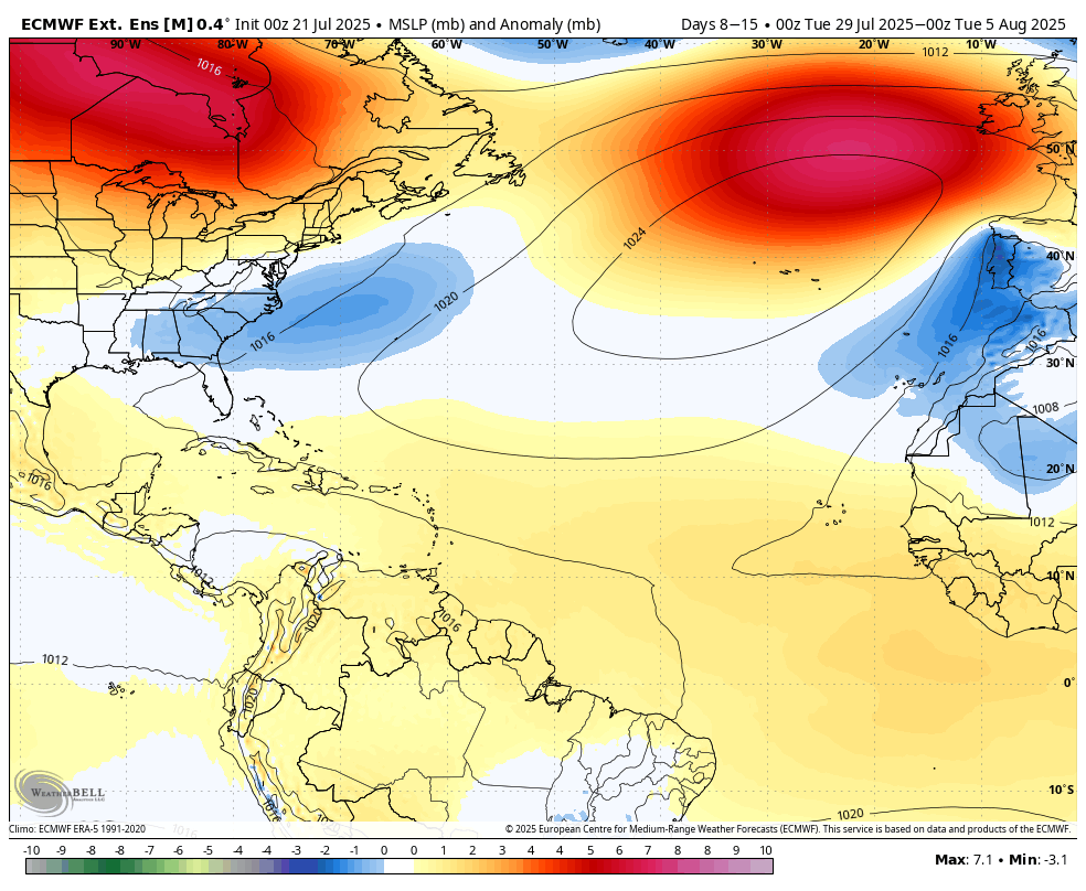 MassachusettsWx's tweet image. Basin wide high pressure will limit tropical development over the MDR along with a +NAO in the extended range.