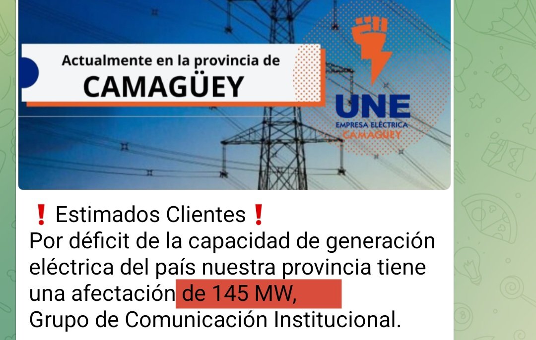 JLperiodista96's tweet image. ‼️145 MW de déficit en #Camagüey. La provincia está prácticamente apagada, menos la casa del gobernador