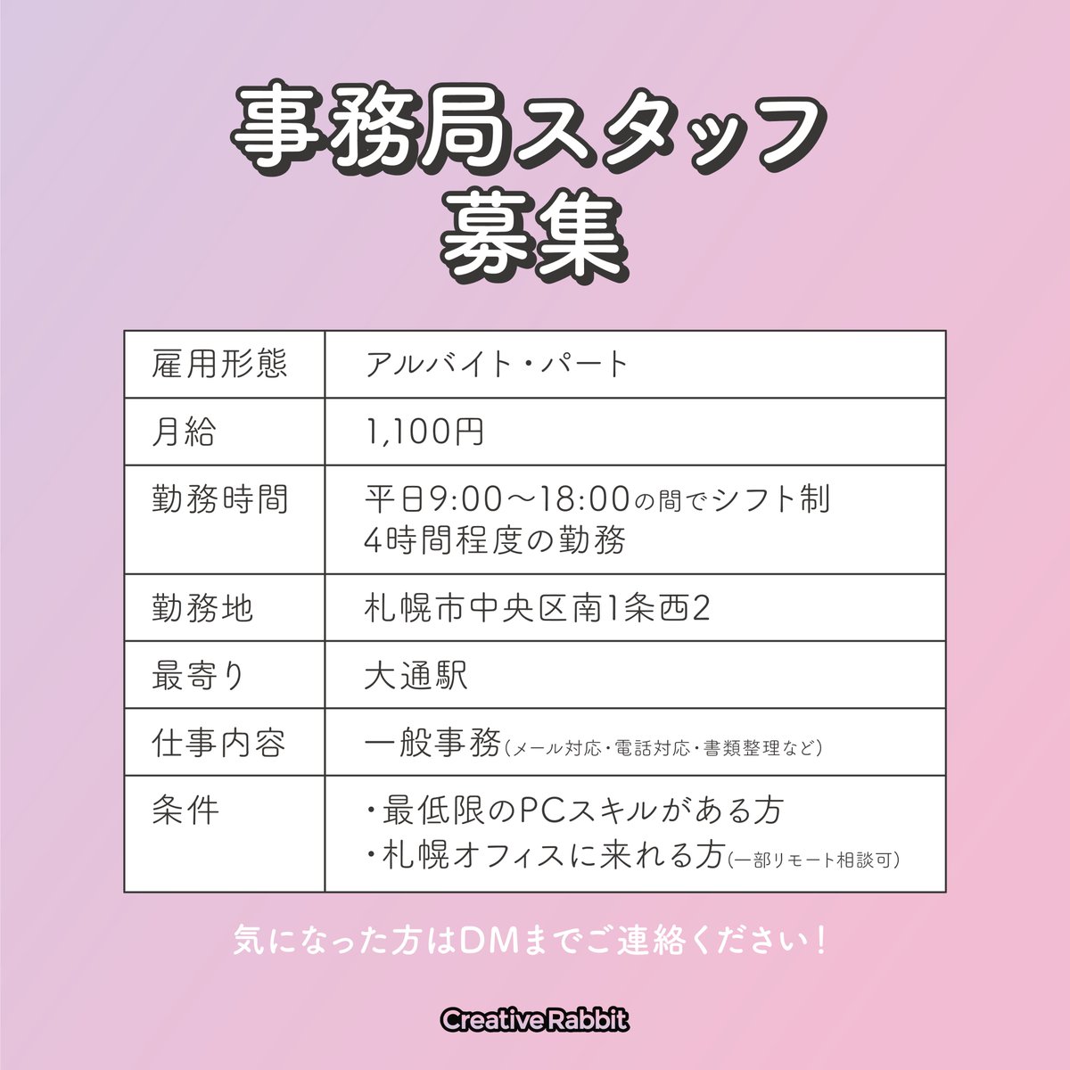 rabbit_web2021's tweet image. 📣【札幌・事務局スタッフ募集】📣
クリエイティブな環境で、事務のお仕事しませんか？

🖥 アルバイト・パート
💰 時給1,100円
🕘 平日9:00〜18:00の間で4時間程度／シフト制
📍 札幌市中央区南1条西2（大通駅チカ）
💼 お仕事内容：メール・電話対応、書類整理など
✅ 条件：…