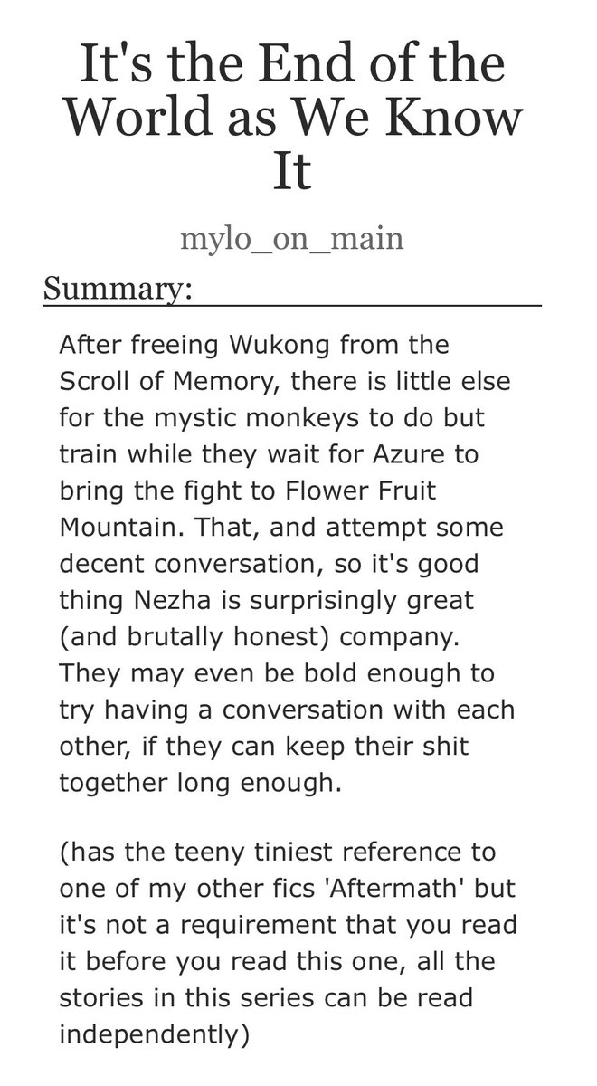 LMK_FanficRecs's tweet image. Fic of the day(274): It’s the End of the World as We Know It by mylo_on_main on Ao3
-Oneshot
-Gen rating
-Shadowpeach
The gang have fun and train before fighting Azure
Link: archiveofourown.org/works/50219704…
#shadowpeach #LEGOMonkieKid