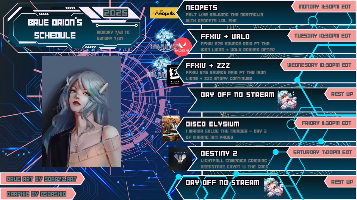 👩‍🚀🫐 SCHEDULE FOR 7/21 - 7/27 🫐👩‍🚀

NEOPETS TONIGHT LOL
and the usuals <3

twitch.tv/brueorion

🎨: @/soapyz.art on insta