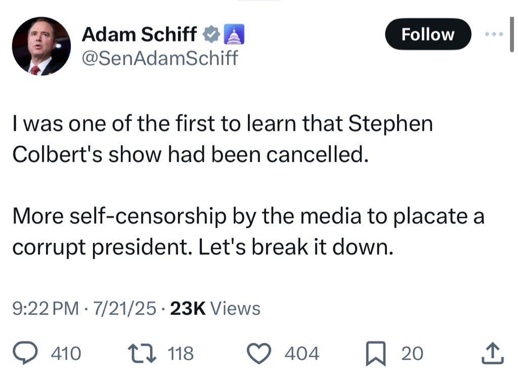 kenklippenstein's tweet image. The self absorption of these people is beyond belief. Why am I supposed to care that this Senator “was one of the first to learn that Stephen Colbert’s show has been cancelled” ??