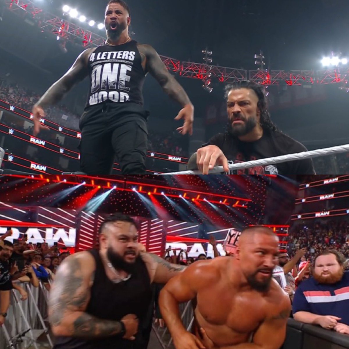 WrestleOps's tweet image. Roman Reigns and Jey Uso stand tall to end the show.
#WWERAW