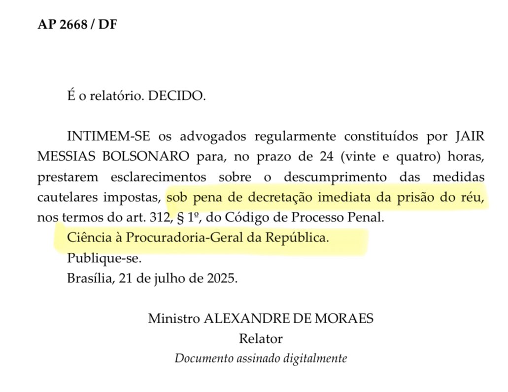 ludmilagrilo11's tweet image. No processo penal normal (não no alexandrino), é o MP quem toma a iniciativa de apontar eventual descumprimento de cautelar.
Acaso o juiz perceba primeiro que houve algum descumprimento (não estou dizendo que foi o caso, claro que não foi), ele deve fazer um simples despacho,…
