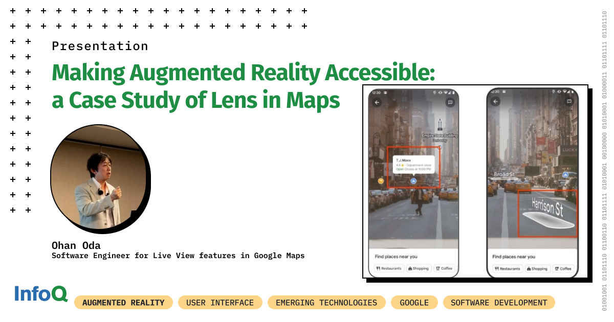 InfoQ's tweet image. This #InfoQ video shows how the Lens in Maps feature was adapted to deliver meaningful #AR experiences for #VisuallyImpaired users.

From design decisions to technical challenges &amp;amp; broader applications, this talk highlights the power of accessible AR.

📺 bit.ly/3TMBnIz