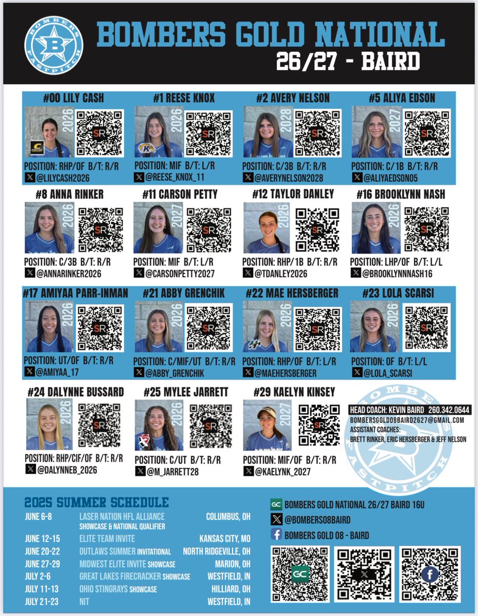 Updated Roster! 

<a href="/TDanley2026/">Taylor Danley</a>
<a href="/lilycash2026/">Lily Cash</a>
<a href="/DalynneB_2026/">Dalynne Bussard</a>
<a href="/reese_knox_11/">Reese Knox 2026</a>
@averynelson2028
@aliyaedson05
<a href="/annarinker2026/">Anna Rinker</a>
<a href="/CarsonPetty2027/">Carson Petty</a>
@brooklynnNash16
@Amiyaa_17
<a href="/abby_grenchik/">Abby Grenchik</a>
<a href="/MaeHersberger/">Mae Hersberger</a> 
<a href="/lola_scarsi/">Lola Scarsi</a>
<a href="/m_jarrett28/">Mylee Jarrett 2026</a>
<a href="/KaelynK_2027/">Kaelyn Kinsey 2027</a>

#AllGasNoBrakes #bombernation