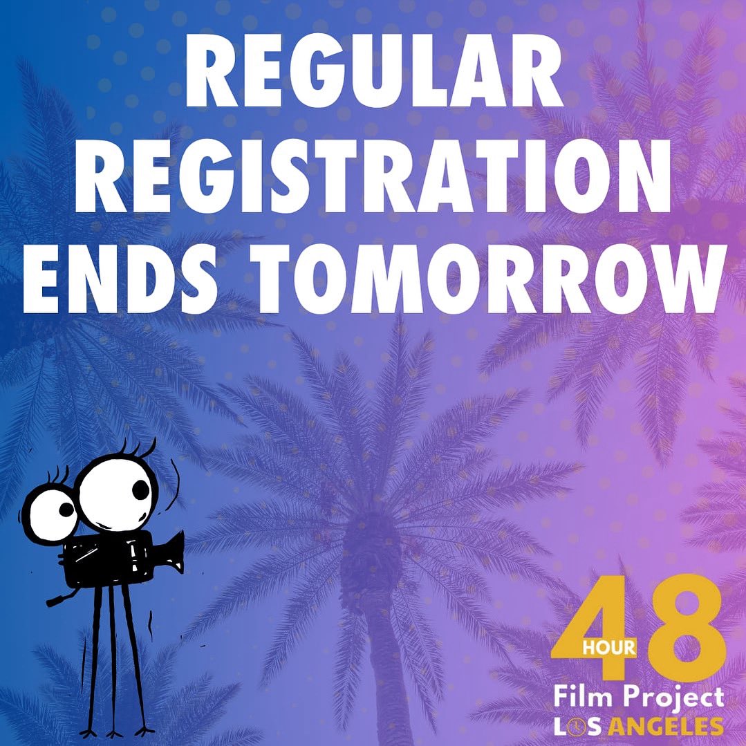 🎥 Last Chance Alert! ⏰ Regular registration for the 48 Hour Film Project LA ends TOMORROW, and it’s your LAST CHANCE to save $20! 🌴 Unleash your creativity and make a movie in just 48 hours! 🎬 Join the fun and make a film Aug 1-3rd.🌟 Register now at [48hourfilm.com/la