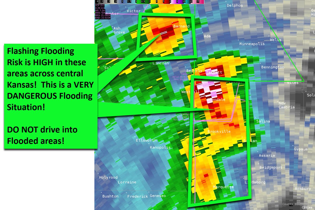NWSWichita's tweet photo. VERY DANGEROUS FLASH FLOODING IS OCCURRING!  If you are in these areas(Green Boxes) over central KS, DO NOT DRIVE THROUGH FLOODED AREAS!  We received a measured report of 7" inches near Brookville.  Radar was estimating a large swatch of 4 to 7 inches. #kswx https://t.co/QBRfxPJgoX