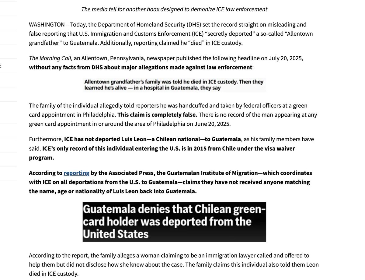 NEW: It appears another hoax has been attempted. Family members of an 82-year-old Chilean man in PA went to the media claiming ICE arrested him while renewing a green card in Philly, that he died in ICE custody, then that he was secretly deported to Guatemala. The story went