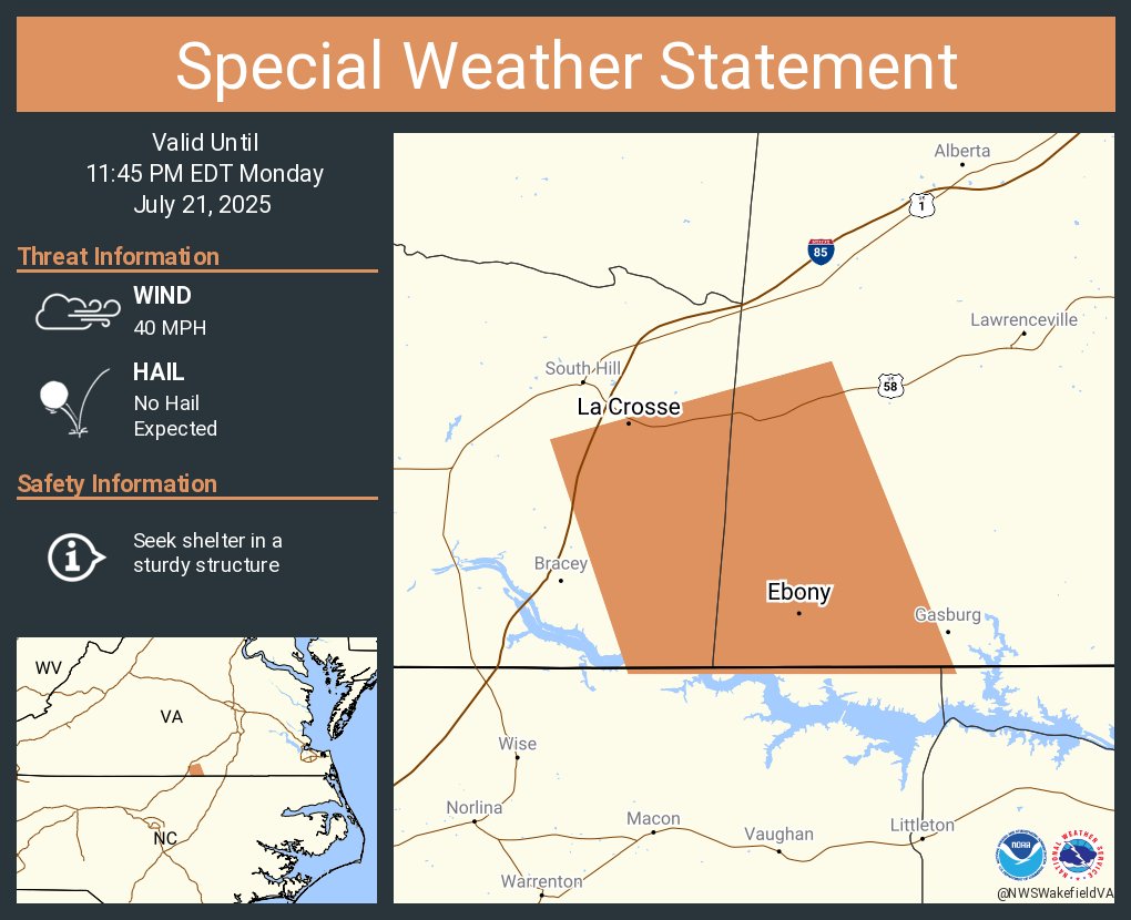 NWSWakefieldVA's tweet image. A special weather statement has been issued for La Crosse VA, Brodnax VA and Ebony VA until 11:45 PM EDT
