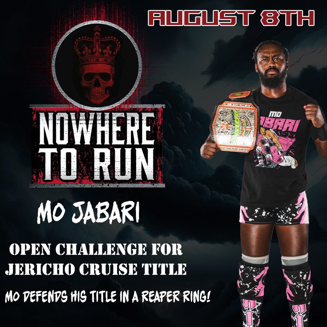 🚨 Mo Jabari is coming to Reaper Wrestling on August 8th!🚨

The Jericho Cruise Champion is sending an open invitation to the entire Reaper locker room to step up and try to take his title. Who’s bold enough to answer the call?

🎟️ Tickets available now at ReaperWrestling.com
