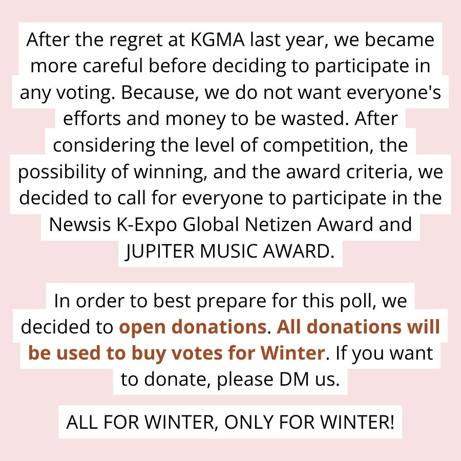 kmjvotingteam's tweet image. [OPEN DONATE TO BUY VOTES FOR WINTER]

DM us if you want to donate! 

#WINTER #윈터 #ウィンター #金旼炡 #aespa #æspa