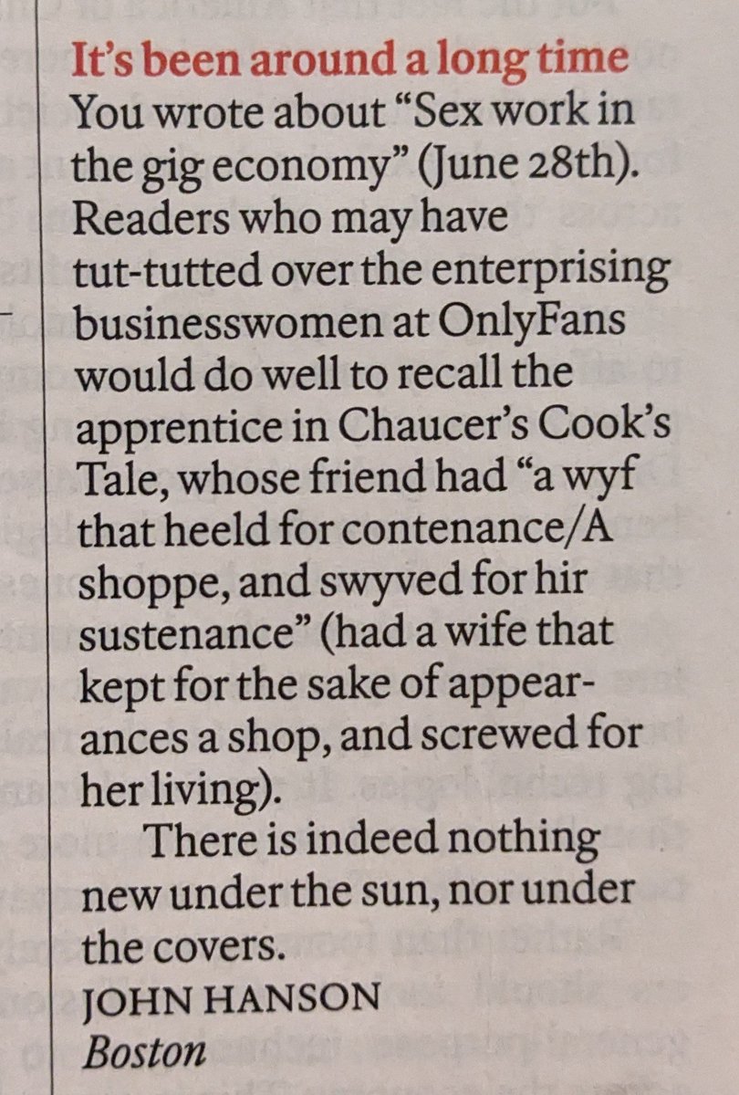 AlecMacGillis's tweet image. .@TheEconomist letters: come for the Only Fans, stay for the Chaucer.