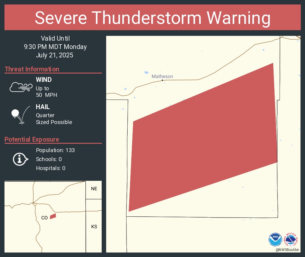 NWSBoulder's tweet image. Severe Thunderstorm Warning including Elbert County, CO until 9:30 PM MDT