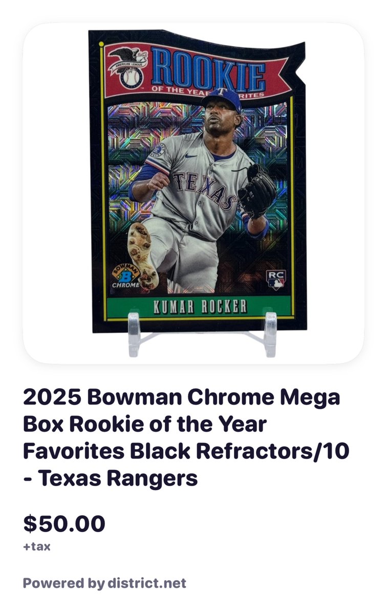 thepointsports1's tweet image. 🔥 2025 Bowman Chrome Mega Box Rookie of the Year Favorites Black Refractors/10 - Texas Rangers $50.00
🔥Claim here 👉district.net/product/2025-b…