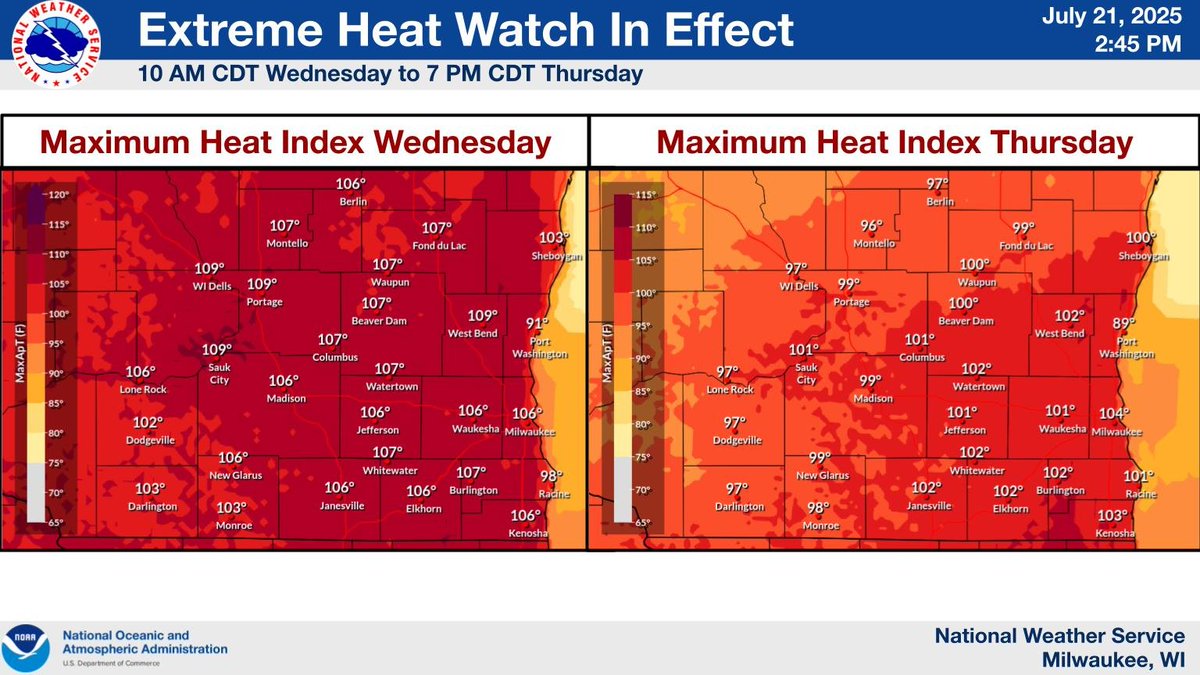 ZiggysTweeting's tweet image. The big story this week is Heart. Temps Wednesday will approach the mid-90s with Dew Points forecasted in the mid to upper 70s which will create dangerous heat indecies of 105+. Severe storms possible over the Northwoods the next two days. #wiwx