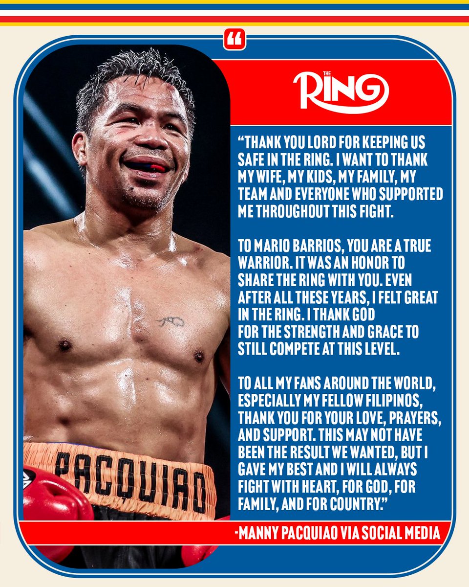 ringmagazine's tweet image. Manny Pacquiao expresses gratitude following his draw against Mario Barrios last Saturday 🥊