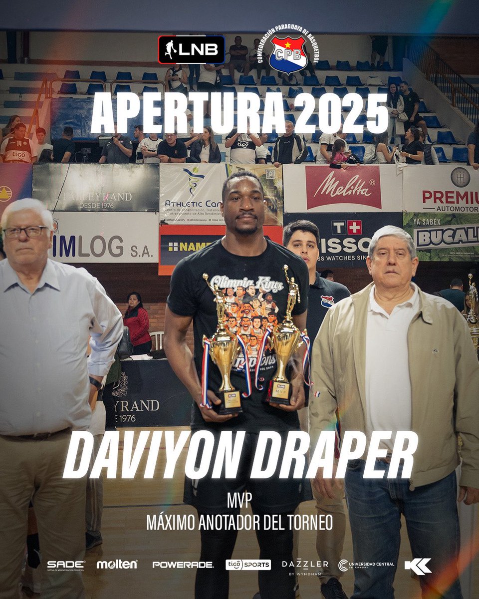cpb_py's tweet image. 🏀🔥 ¡DAVIYON DRAPER, MVP y Máximo Anotador del Torneo Apertura 2025!
Con actuaciones decisivas y un nivel imparable, Draper se consagra como el jugador más valioso y el máximo goleador del campeonato.
👏 ¡Felicitaciones por esta gran temporada!
#LNB2025 #MVP #CPB #Apertura2025