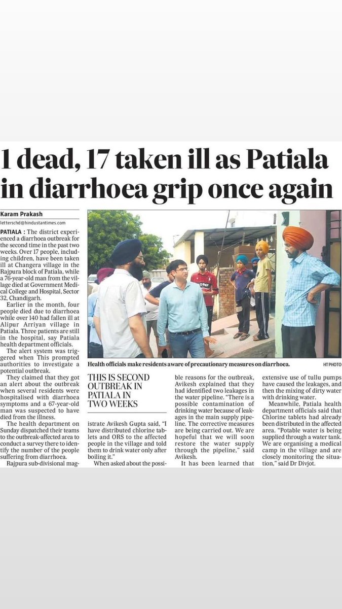 The district experienced a diarrhoea outbreak for the second time in the past two weeks.

Over 17 people, including children, have been taken ill at Changera village in the Rajpura block of Patiala, while a 76-year-old man from the village died at Government Medical College and