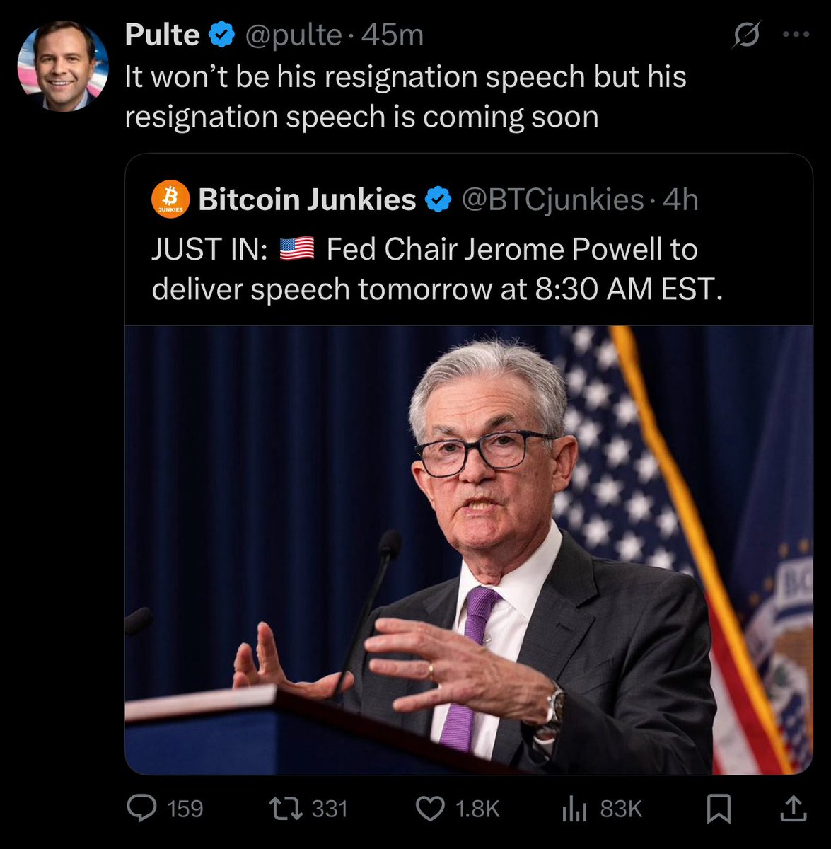 exec_sum's tweet image. NEWS: Federal Housing Director Bill Pulte says in a post that Jerome Powell's resignation speech is "coming soon."