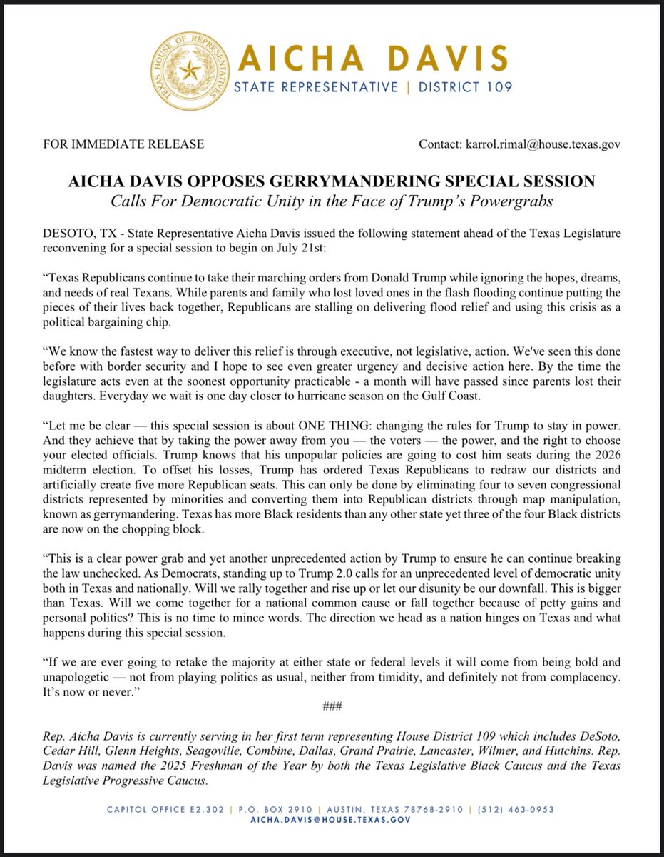AichaForTexas's tweet image. This special session is about one thing and one thing only — racial gerrymandering.
Trump has ordered Texas Republicans to illegally redraw the voting maps in his favor and they are wasting no time in taking away your vote and your voice.
Texas Democrats must meet this moment.