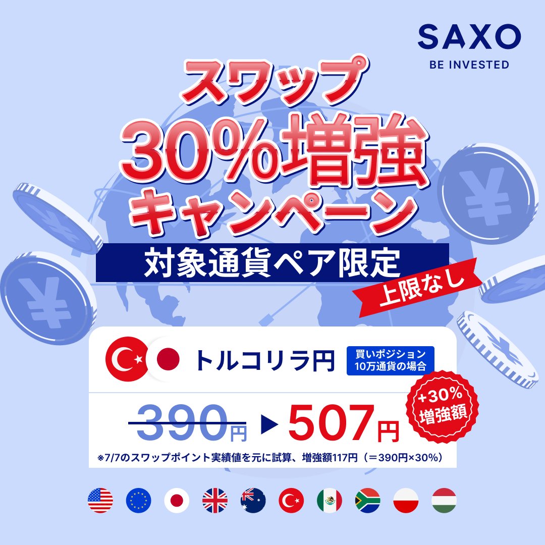 全てのお客様を対象に、スワップ増強キャンペーン／ 新キャンペーンがスタートしました🙌 キャンペーン期間中に新規建てされた対象通貨ペアのスワップ について、スワップポイントの30％分をキャンペーン終了後に取引口座へ入金します💴 増強金額に上限はありません ...