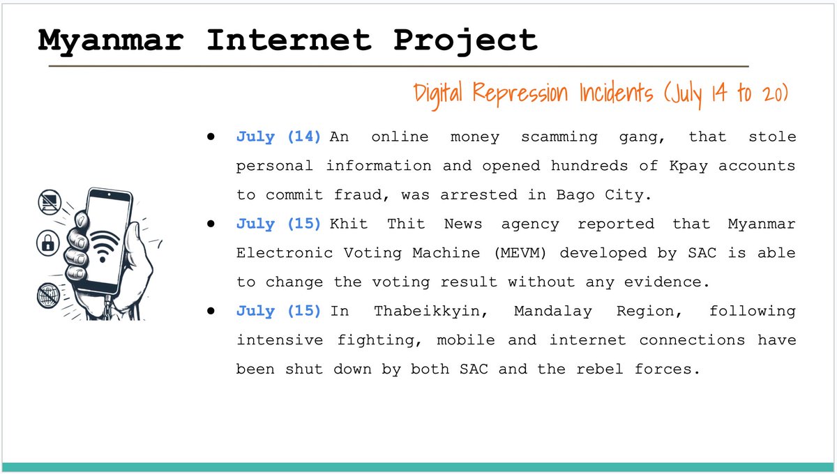 Myanmar_IP's tweet image. Digital Repression Incidents in Myanmar (July 14 to 20)
#FOE
#InternetShutDown
#Surveillance
#Digital_Repression
#WhatsHappeningInMyanmar
#KeepItOn
Full Report >>> myanmarinternet.info/digital-coup