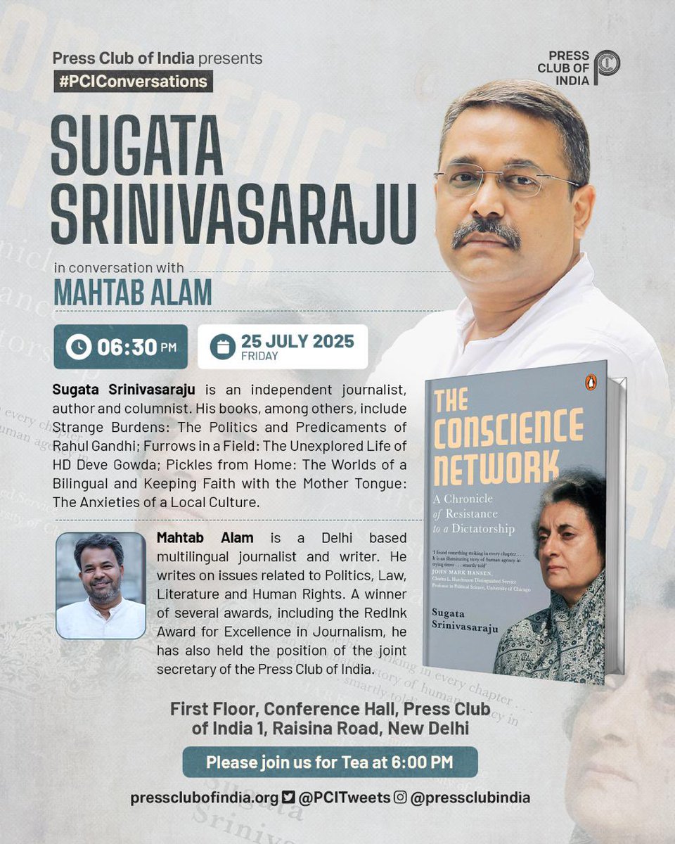 Sugata Srinivasaraju (@sugataraju) on Twitter photo This is on Friday, 25 July, at the Press Club of India, Delhi. Do come. #TheConscienceNetwork is much more than a story of resistance to the #Emergency in the US. It is also an exploration of idealism, social histories, internationalism and the Gandhian middle path. <a href="/MahtabNama/">Mahtab महताब مہتاب</a> This is on Friday, 25 July, at the Press Club of India, Delhi. Do come. #TheConscienceNetwork is much more than a story of resistance to the #Emergency in the US. It is also an exploration of idealism, social histories, internationalism and the Gandhian middle path. <a href="/MahtabNama/">Mahtab महताब مہتاب</a>