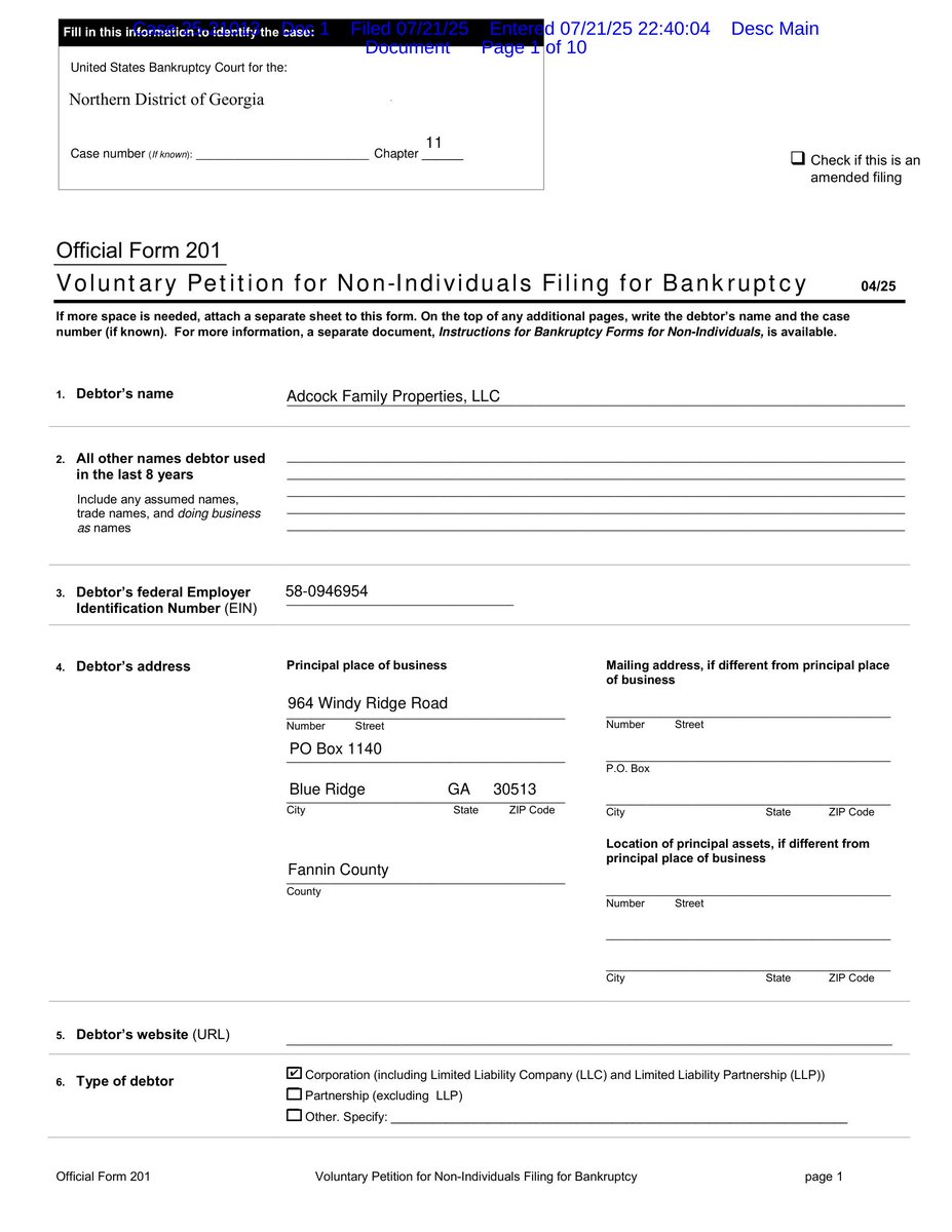 _RKConsultants's tweet image. Adcock Family Properties, LLC Files Chapter 11 Bankruptcy
🚨 BANKRUPTCY FILING ALERT 🚨
ADCOCK FAMILY PROPERTIES, LLC
Chapter 11 - Northern District of Georgia
Filed: 07/21/2025
Case No. 25-21013
📊 Assets: $1M-$10M | Liabilities: $100K-$500K | Total Creditors: 1-49 |…