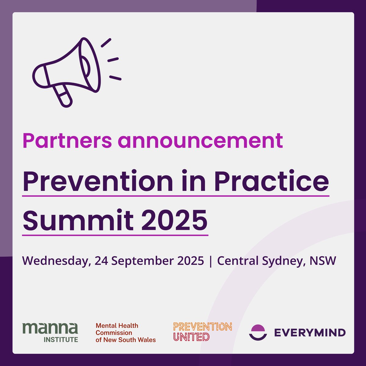 Everymind (@everymindau) on Twitter photo We are thrilled to announce our partners for the upcoming Prevention in Practice Summit 2025: <a href="/Manna_Inst/">Manna Institute</a>, <a href="/NSWMHC/">Mental Health Commission of NSW</a>, and <a href="/PreventionUtd/">Prevention United</a>.
The Summit will be held in Sydney on Wednesday, 24 September, and the program and ticket sales will be available later this week! We are thrilled to announce our partners for the upcoming Prevention in Practice Summit 2025: <a href="/Manna_Inst/">Manna Institute</a>, <a href="/NSWMHC/">Mental Health Commission of NSW</a>, and <a href="/PreventionUtd/">Prevention United</a>.
The Summit will be held in Sydney on Wednesday, 24 September, and the program and ticket sales will be available later this week!