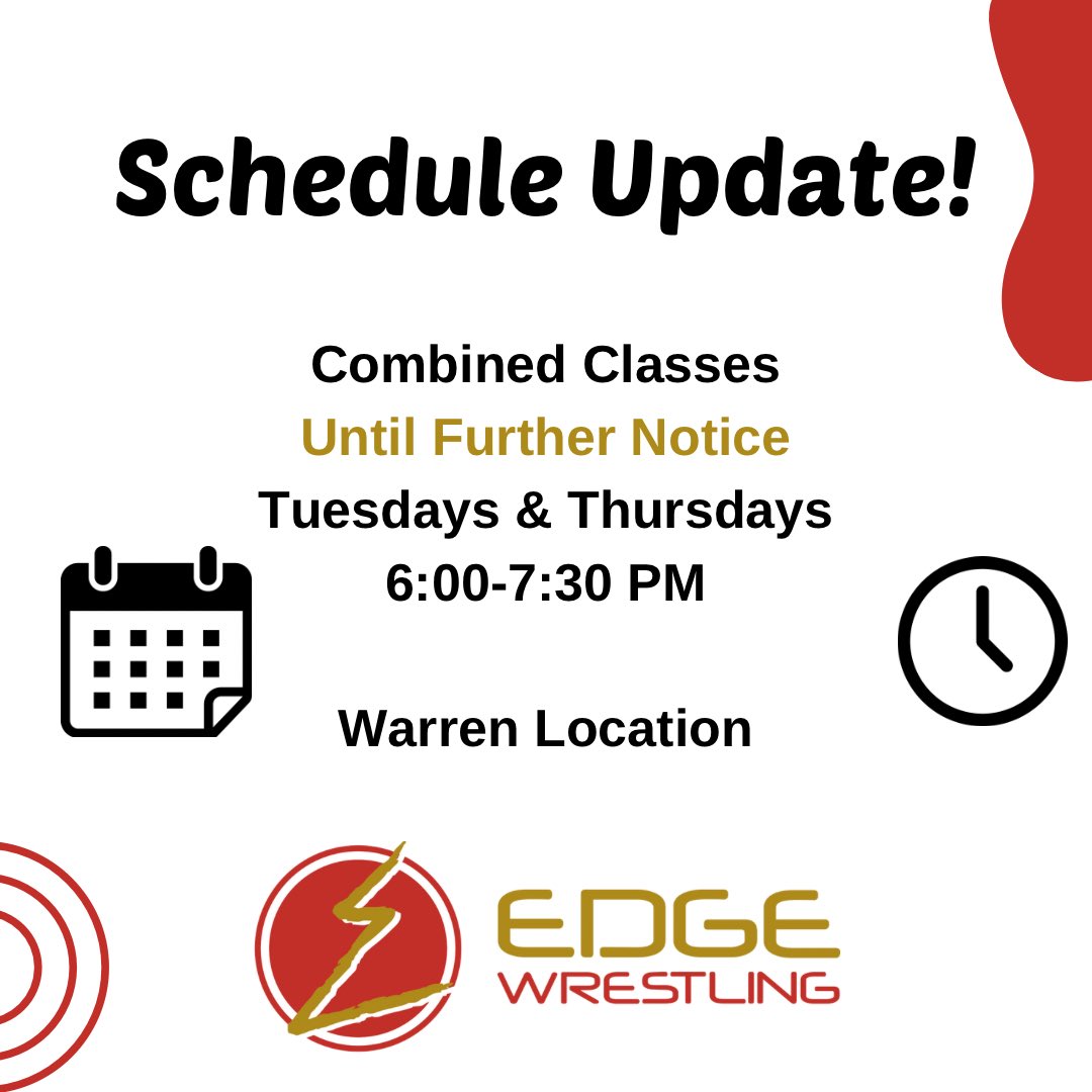 📢 Schedule Update!
Starting Tuesday, July 22nd — we’re continuing with combined classes for both Youth and High School wrestlers until further notice.

🕕 Practices will run from 6:00–7:30 PM at our Warren location.

#EdgeWrestling #ScheduleUpdate #WarrenPractice